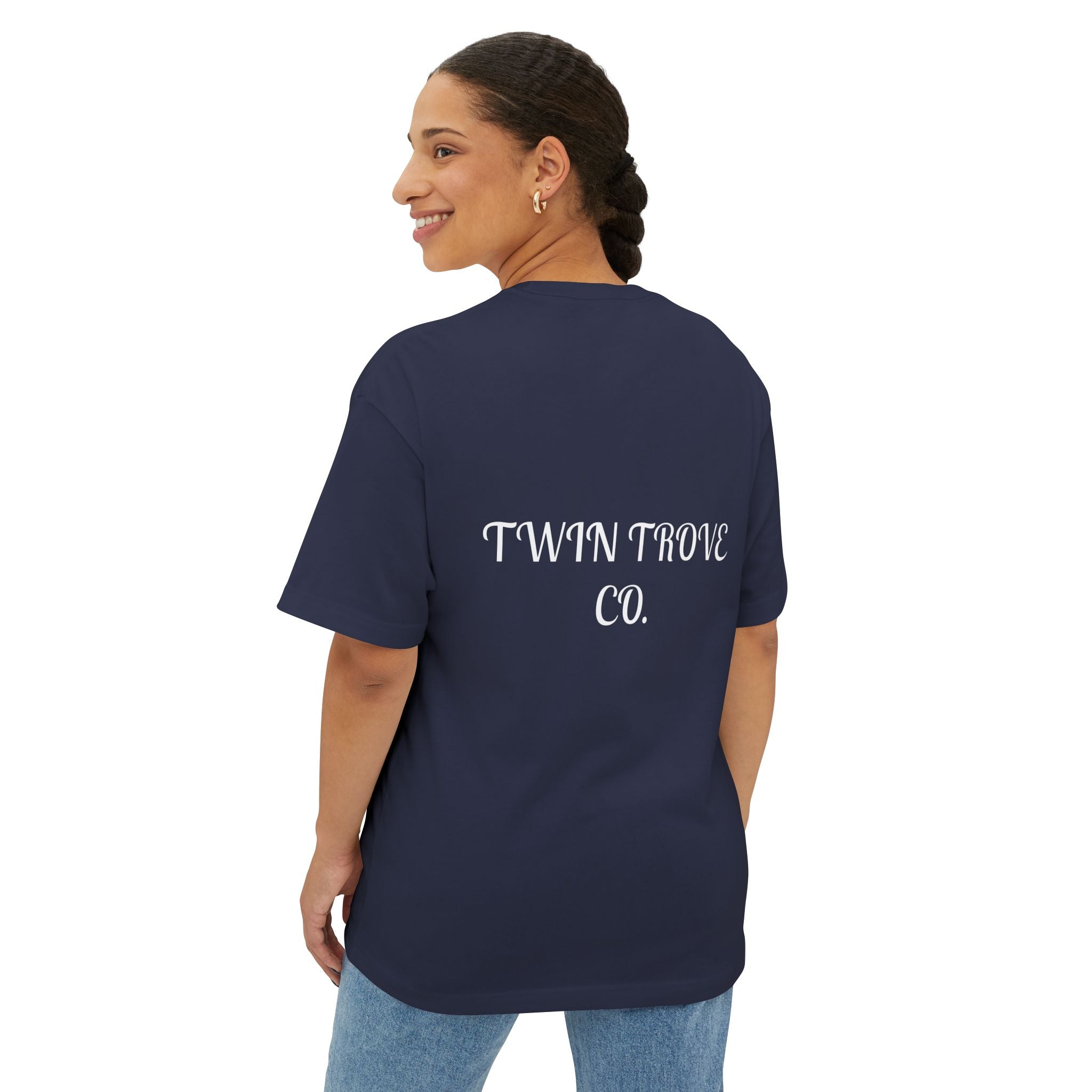 Heart Crest Boxy Tee — Pink Oversized T‑Shirt with Back “TWIN TROVE CO.” Logo