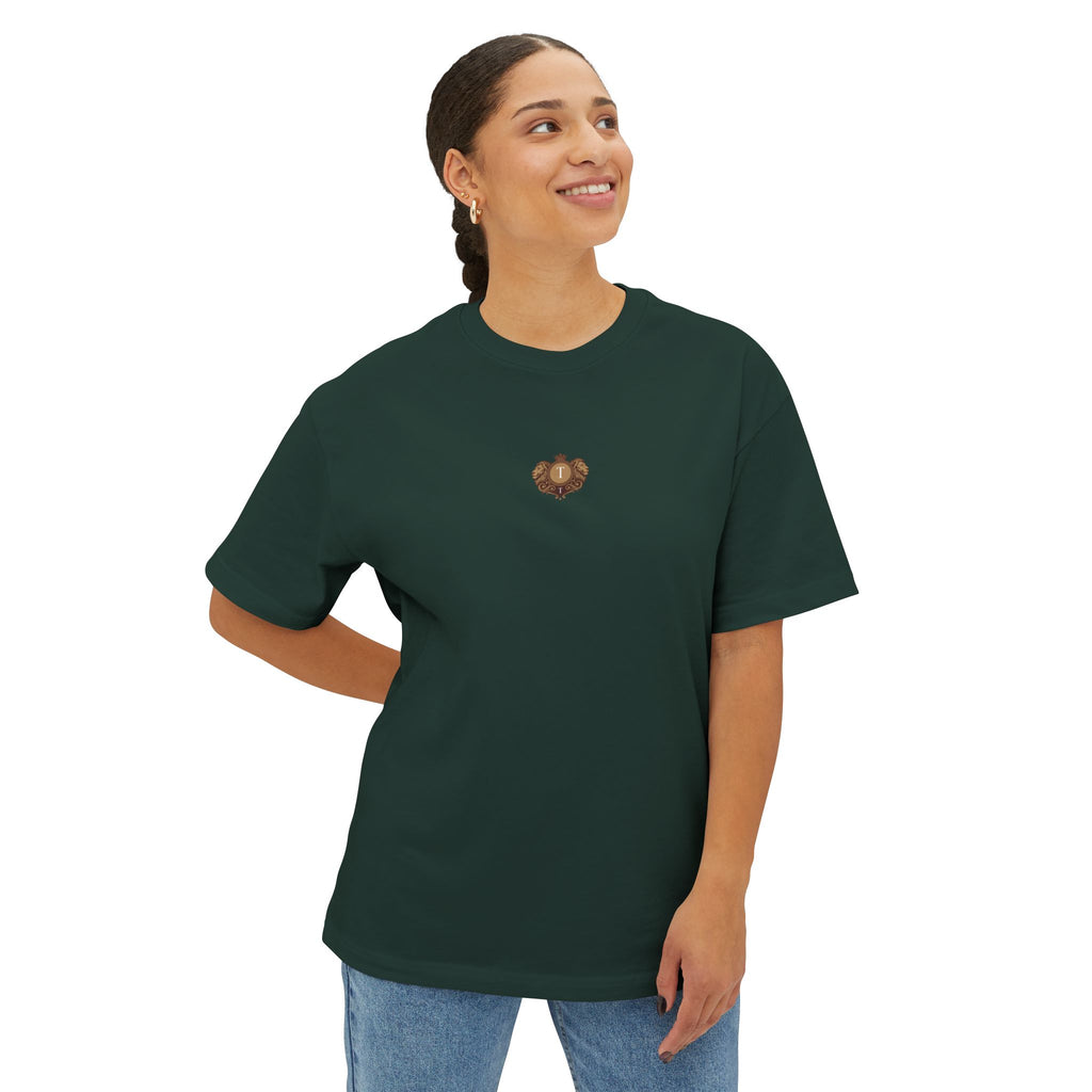 Heart Crest Boxy Tee — Pink Oversized T‑Shirt with Back “TWIN TROVE CO.” Logo