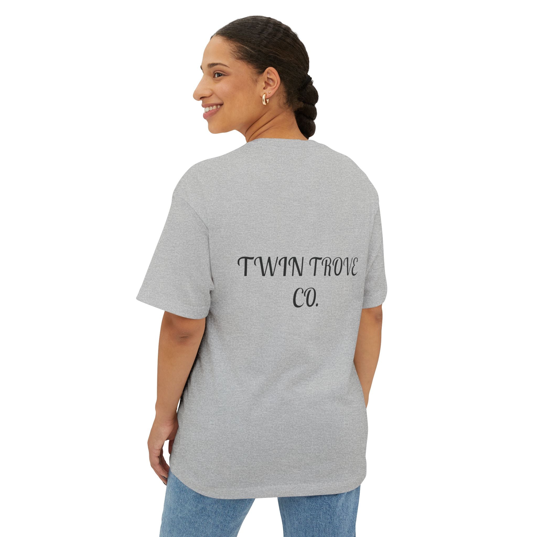 Heart Crest Boxy Tee — Pink Oversized T‑Shirt with Back “TWIN TROVE CO.” Logo
