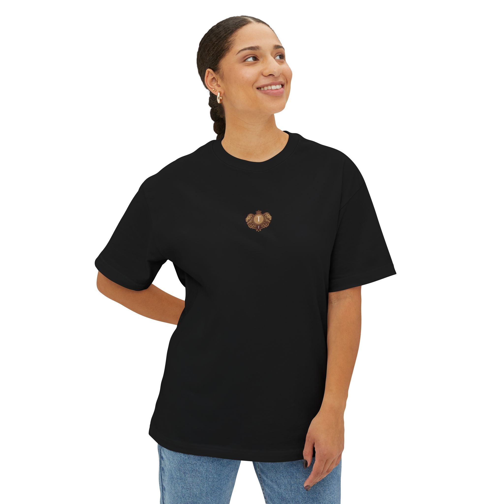 Heart Crest Boxy Tee — Pink Oversized T‑Shirt with Back “TWIN TROVE CO.” Logo