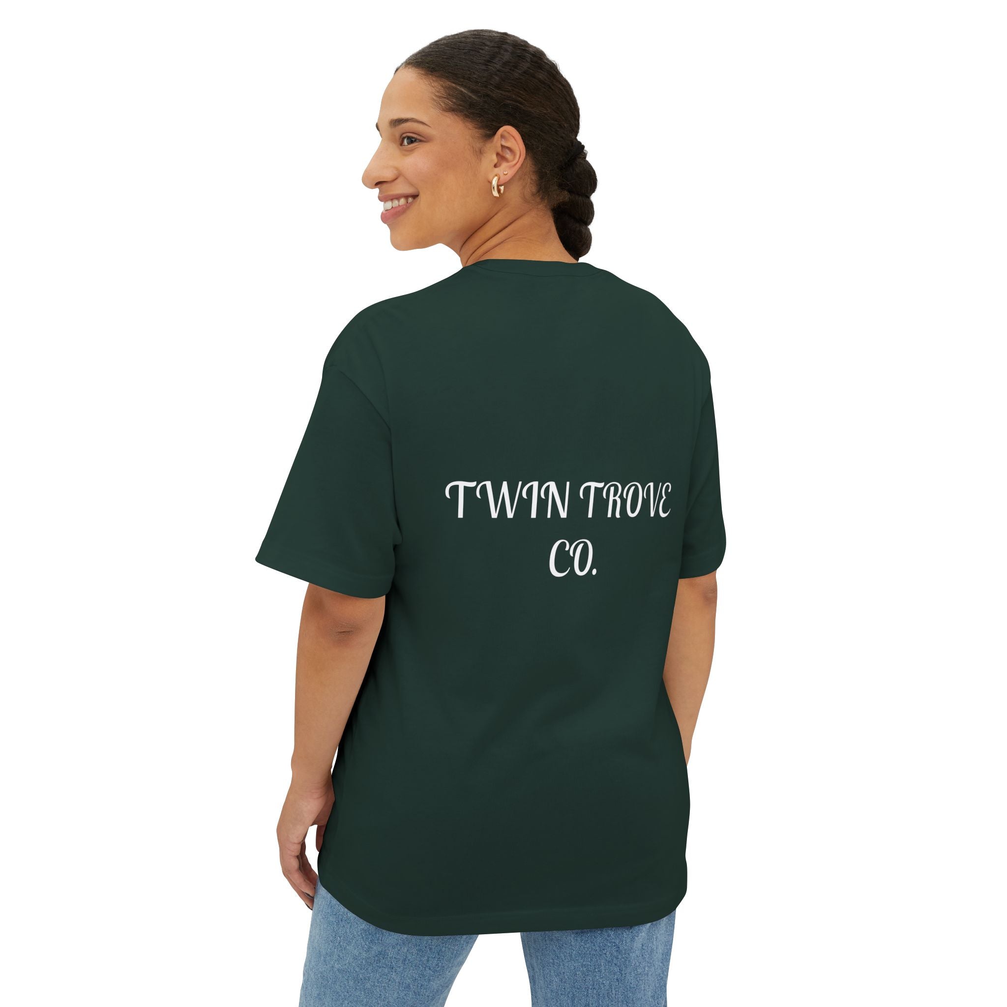 Heart Crest Boxy Tee — Pink Oversized T‑Shirt with Back “TWIN TROVE CO.” Logo