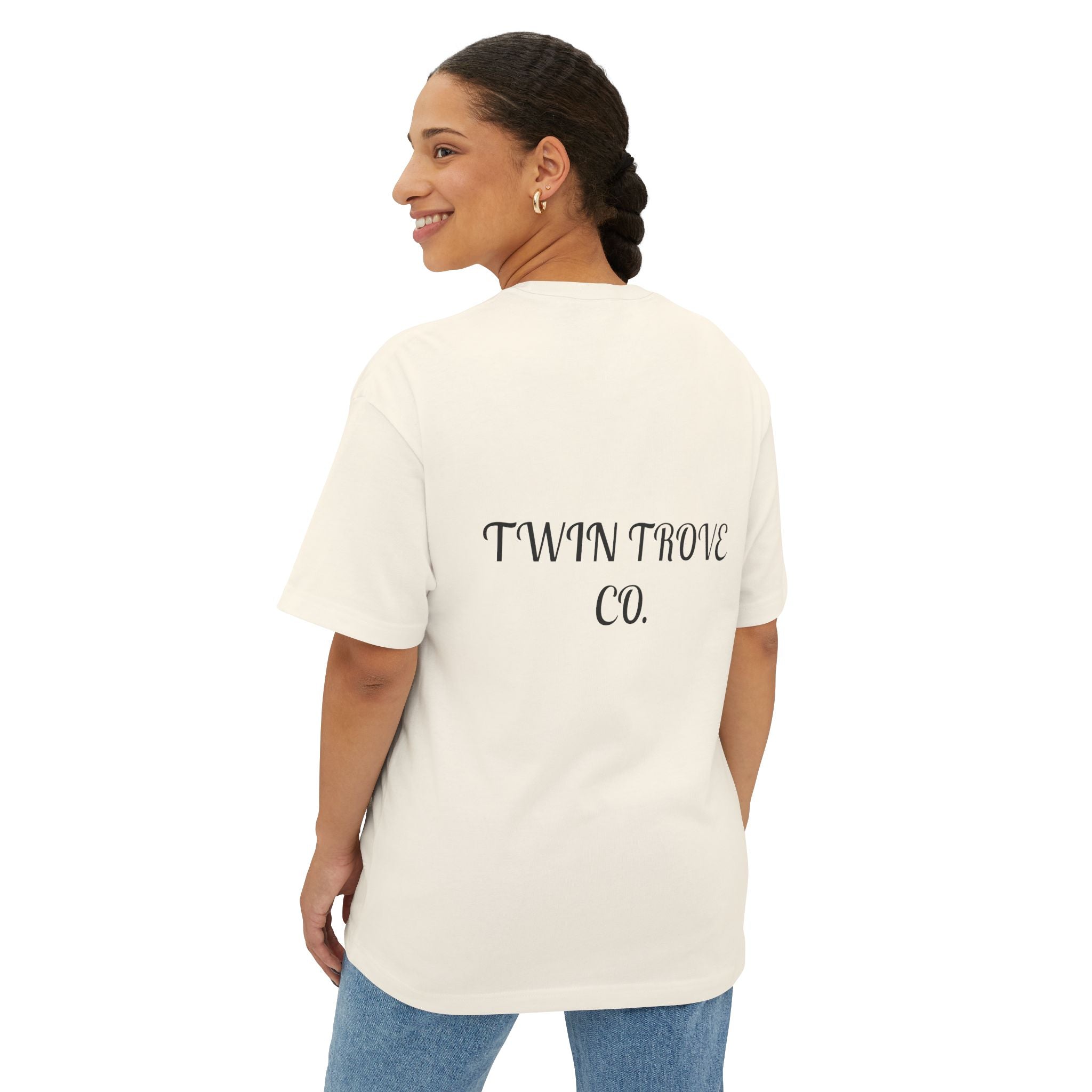 Heart Crest Boxy Tee — Pink Oversized T‑Shirt with Back “TWIN TROVE CO.” Logo