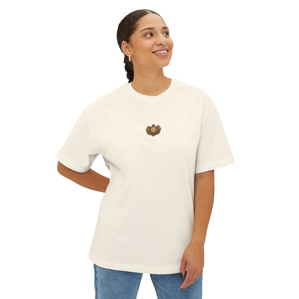Heart Crest Boxy Tee — Pink Oversized T‑Shirt with Back “TWIN TROVE CO.” Logo